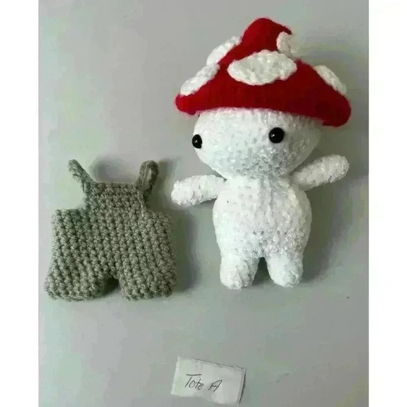 Mushroom Baby Kid Doll With Red Mushroom Cap Very Soft Chenille Yarn Overalls - Picture 10 of 11